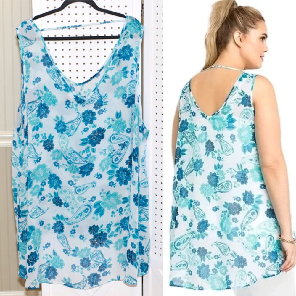 Plus Size Torrid 5 Turquoise Paisley Chiffon Hi-Lo Tunic Tank Top Blouse